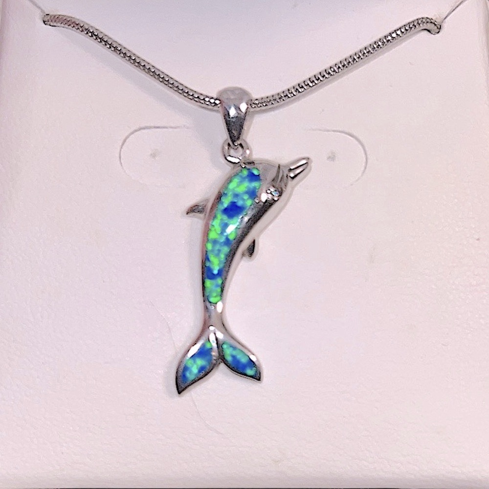 NWOT 🐬 16-18” STAMPED .925 SILVER AUSTRALIAN OPAL PENDANT SNAKE CHAIN NECKLACE - Picture 3 of 8